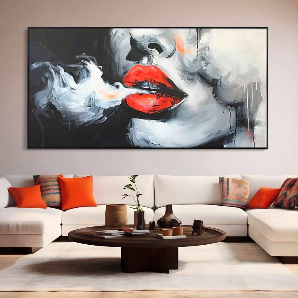 Tablou Canvas Premium, LuxCanva® G1190, Arome Interzise, Buze, Rosu, Fum, Tutun, Tigara, Abur, Pasiune, Bar, Noapte, Catifea, Foc, Seductie, Ceata, Oras, Club, Birou, Living, Dormitor