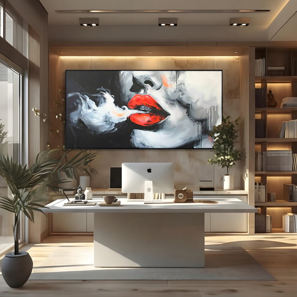Tablou Canvas Premium, LuxCanva® G1190, Arome Interzise, Buze, Rosu, Fum, Tutun, Tigara, Abur, Pasiune, Bar, Noapte, Catifea, Foc, Seductie, Ceata, Oras, Club, Birou, Living, Dormitor