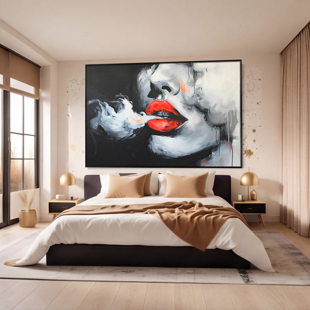 Tablou Canvas Premium, LuxCanva® G1190, Arome Interzise, Buze, Rosu, Fum, Tutun, Tigara, Abur, Pasiune, Bar, Noapte, Catifea, Foc, Seductie, Ceata, Oras, Club, Birou, Living, Dormitor