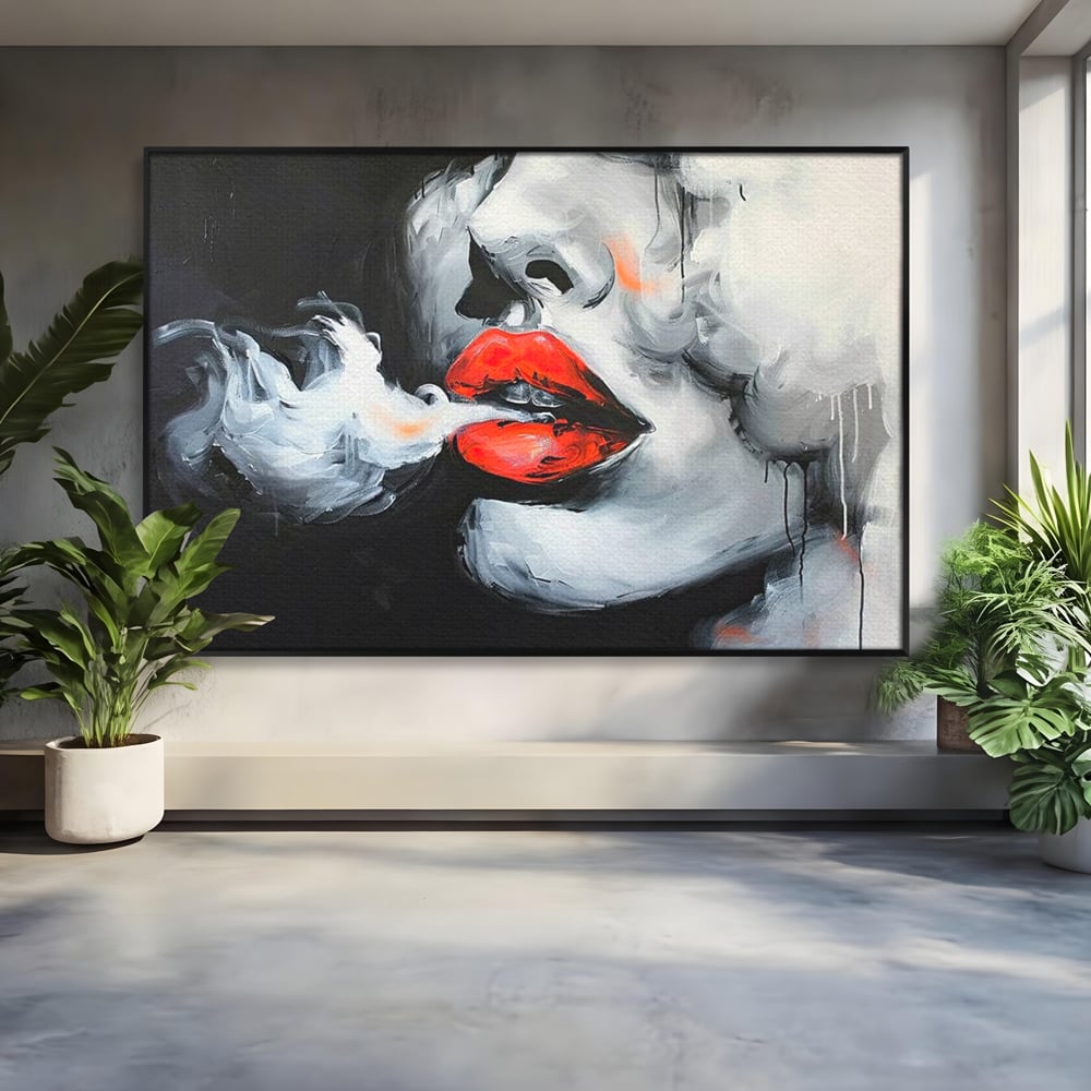 Tablou Canvas Premium, LuxCanva® G1190, Arome Interzise, Buze, Rosu, Fum, Tutun, Tigara, Abur, Pasiune, Bar, Noapte, Catifea, Foc, Seductie, Ceata, Oras, Club, Birou, Living, Dormitor