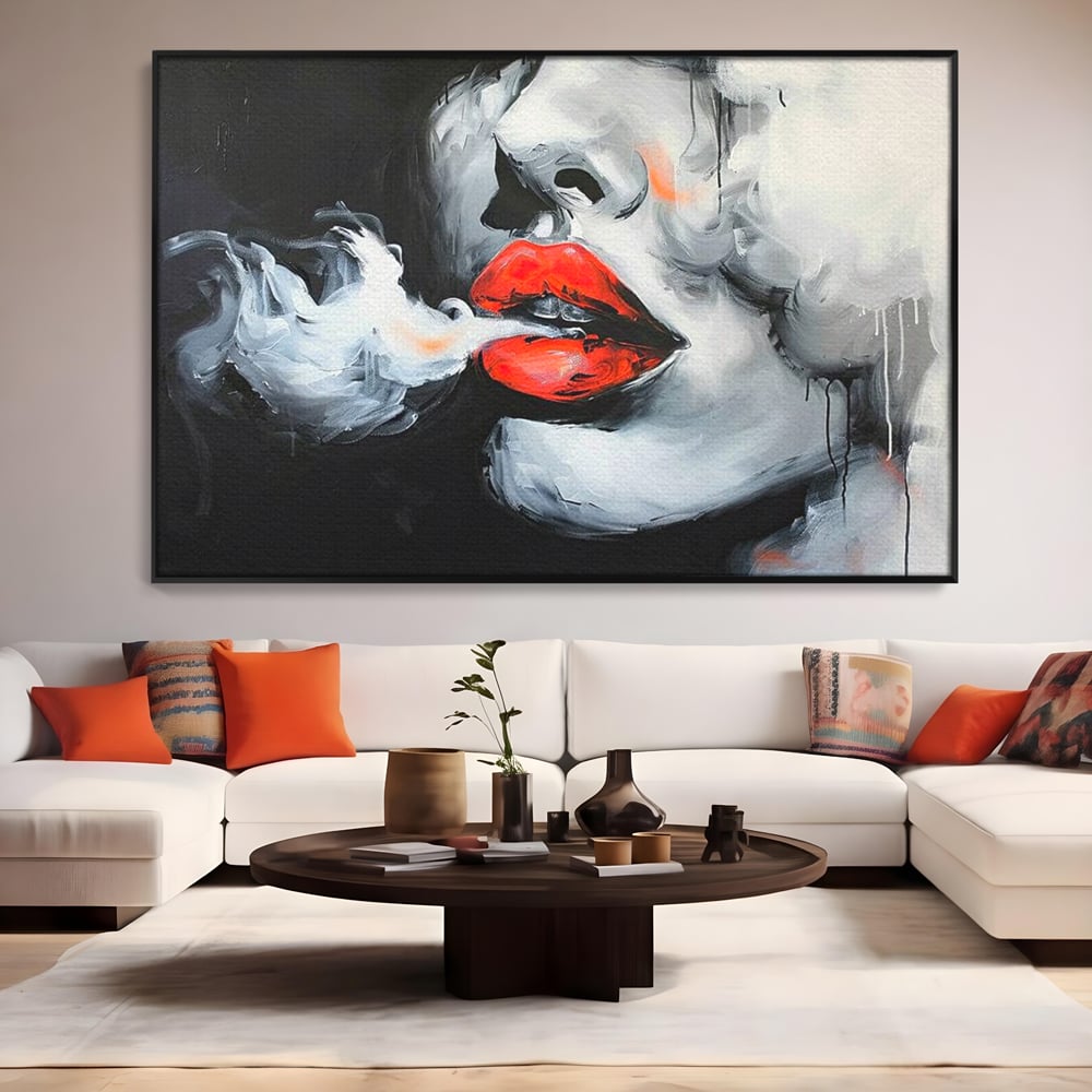 Tablou Canvas Premium, LuxCanva® G1190, Arome Interzise, Buze, Rosu, Fum, Tutun, Tigara, Abur, Pasiune, Bar, Noapte, Catifea, Foc, Seductie, Ceata, Oras, Club, Birou, Living, Dormitor