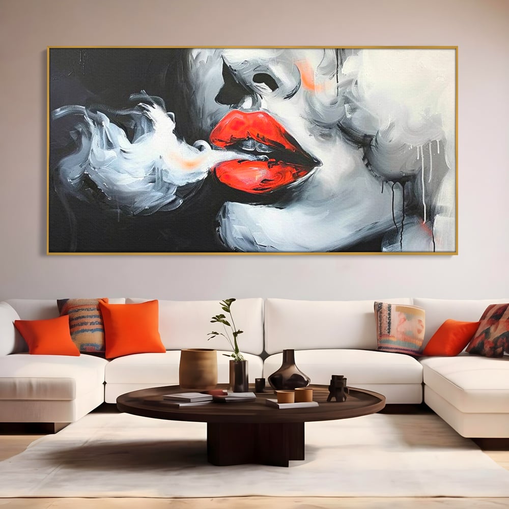 Tablou Canvas Premium, LuxCanva® G1190, Arome Interzise, Buze, Rosu, Fum, Tutun, Tigara, Abur, Pasiune, Bar, Noapte, Catifea, Foc, Seductie, Ceata, Oras, Club, Birou, Living, Dormitor