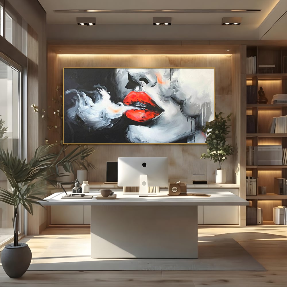 Tablou Canvas Premium, LuxCanva® G1190, Arome Interzise, Buze, Rosu, Fum, Tutun, Tigara, Abur, Pasiune, Bar, Noapte, Catifea, Foc, Seductie, Ceata, Oras, Club, Birou, Living, Dormitor
