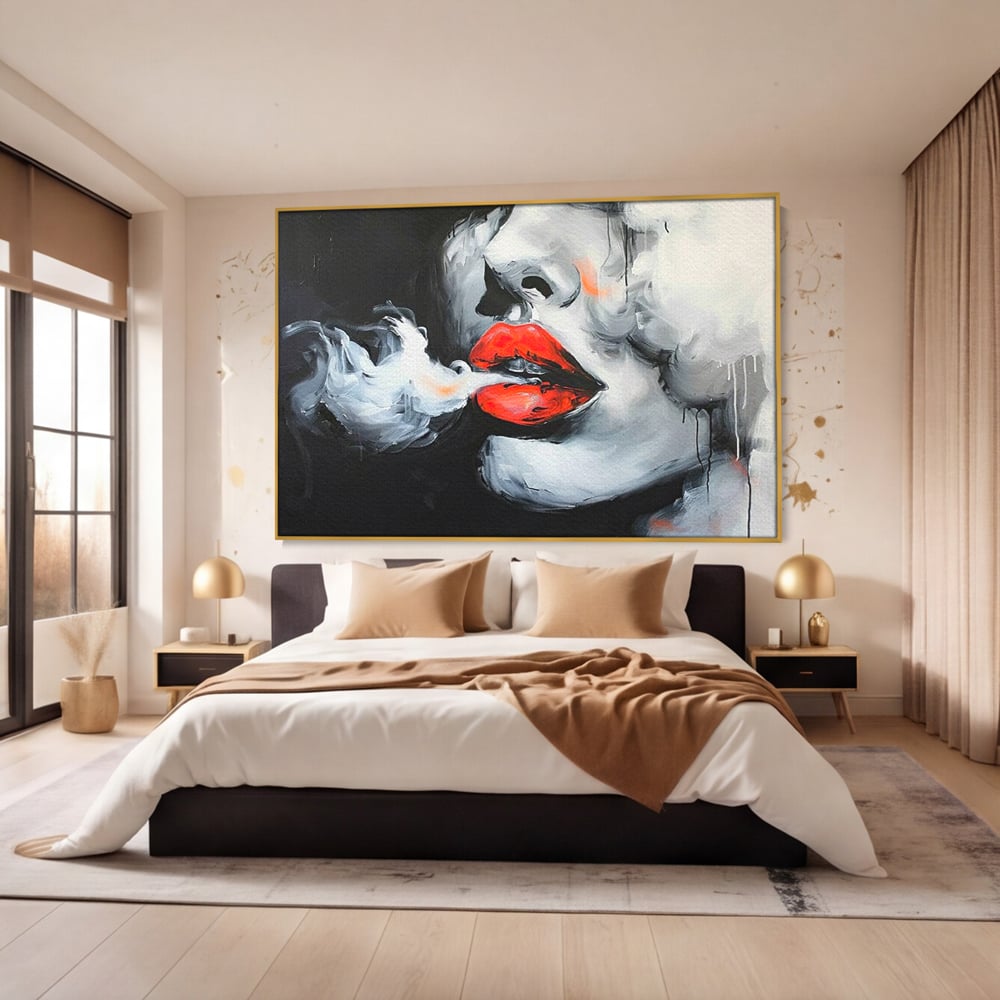 Tablou Canvas Premium, LuxCanva® G1190, Arome Interzise, Buze, Rosu, Fum, Tutun, Tigara, Abur, Pasiune, Bar, Noapte, Catifea, Foc, Seductie, Ceata, Oras, Club, Birou, Living, Dormitor