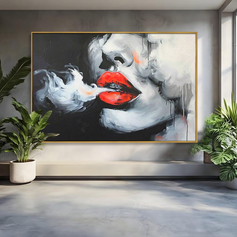 Tablou Canvas Premium, LuxCanva® G1190, Arome Interzise, Buze, Rosu, Fum, Tutun, Tigara, Abur, Pasiune, Bar, Noapte, Catifea, Foc, Seductie, Ceata, Oras, Club, Birou, Living, Dormitor