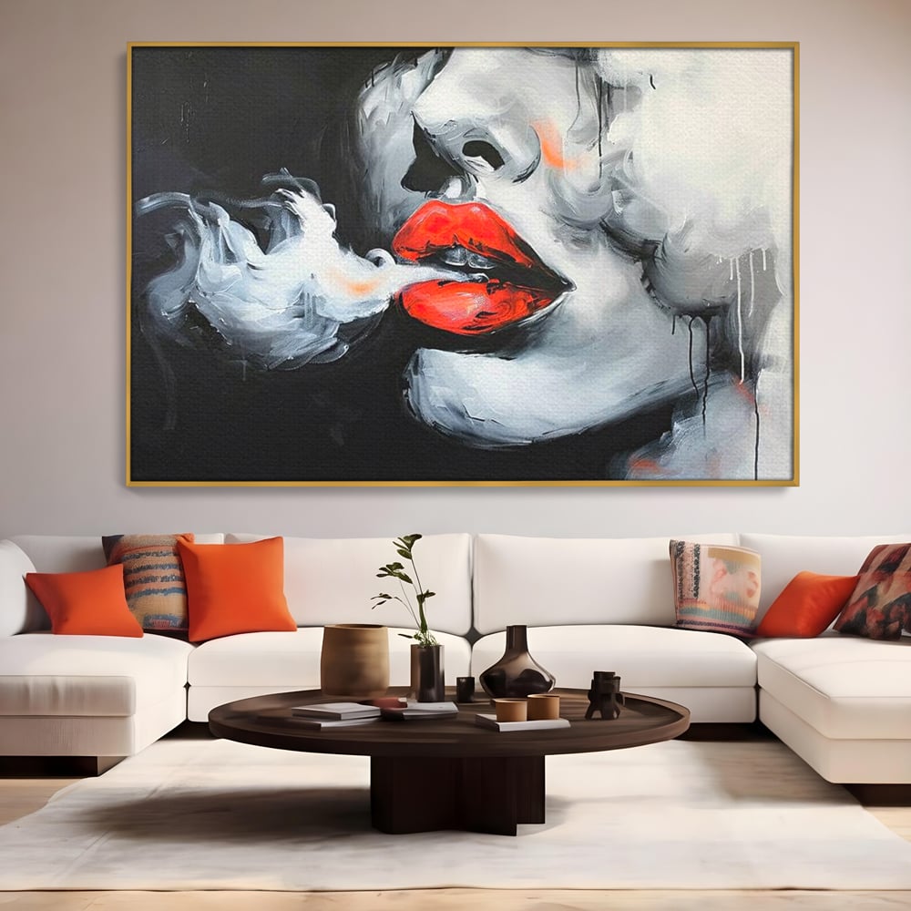 Tablou Canvas Premium, LuxCanva® G1190, Arome Interzise, Buze, Rosu, Fum, Tutun, Tigara, Abur, Pasiune, Bar, Noapte, Catifea, Foc, Seductie, Ceata, Oras, Club, Birou, Living, Dormitor