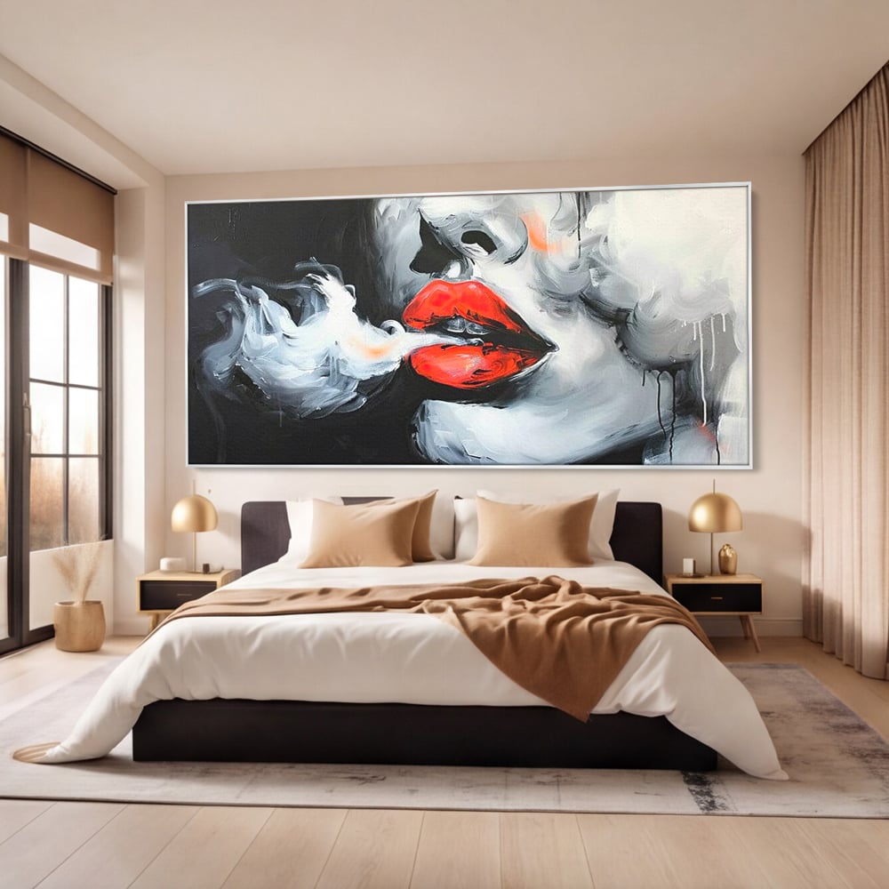 Tablou Canvas Premium, LuxCanva® G1190, Arome Interzise, Buze, Rosu, Fum, Tutun, Tigara, Abur, Pasiune, Bar, Noapte, Catifea, Foc, Seductie, Ceata, Oras, Club, Birou, Living, Dormitor