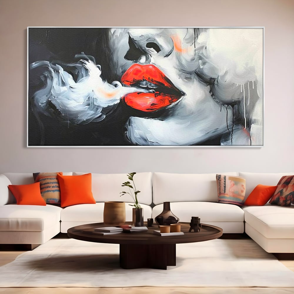 Tablou Canvas Premium, LuxCanva® G1190, Arome Interzise, Buze, Rosu, Fum, Tutun, Tigara, Abur, Pasiune, Bar, Noapte, Catifea, Foc, Seductie, Ceata, Oras, Club, Birou, Living, Dormitor