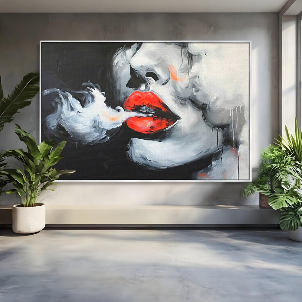 Tablou Canvas Premium, LuxCanva® G1190, Arome Interzise, Buze, Rosu, Fum, Tutun, Tigara, Abur, Pasiune, Bar, Noapte, Catifea, Foc, Seductie, Ceata, Oras, Club, Birou, Living, Dormitor