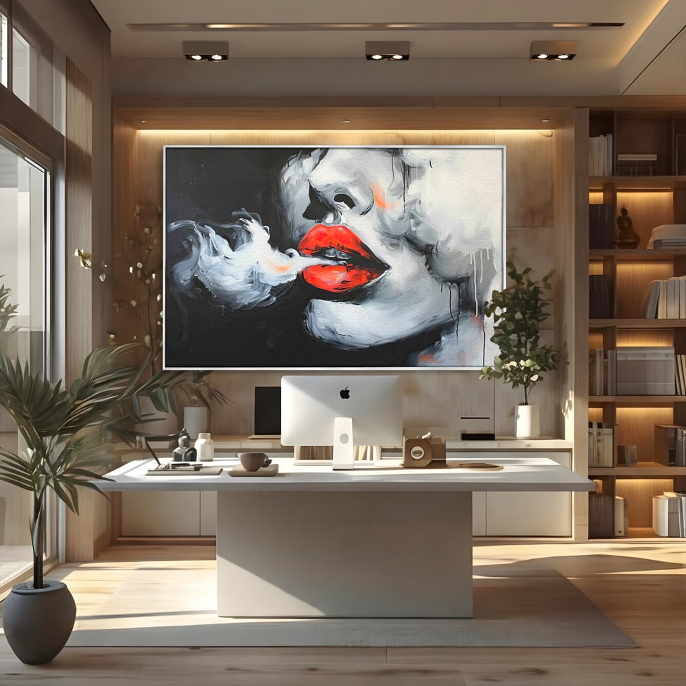Tablou Canvas Premium, LuxCanva® G1190, Arome Interzise, Buze, Rosu, Fum, Tutun, Tigara, Abur, Pasiune, Bar, Noapte, Catifea, Foc, Seductie, Ceata, Oras, Club, Birou, Living, Dormitor