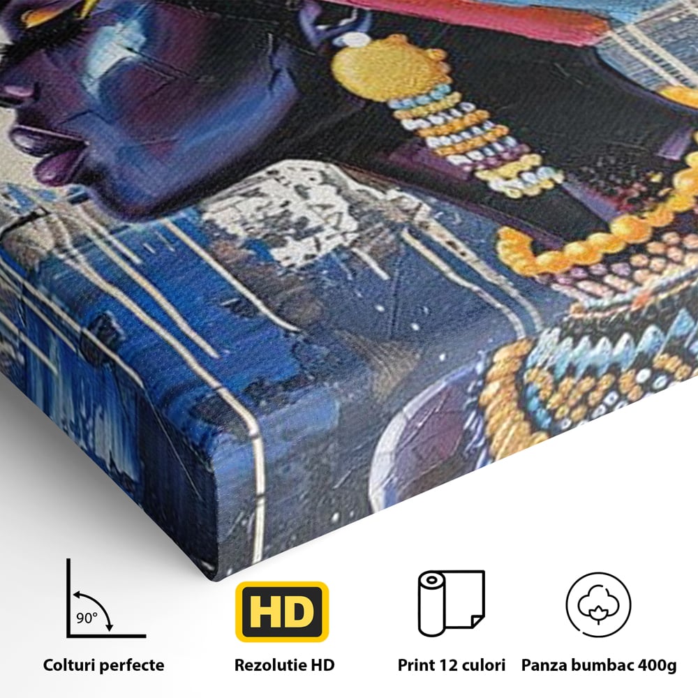 Tablou Canvas Premium, LuxCanva® G1191, Cununa Africii, Regina, Profil, Ancestral, Spirt, Pamant, Cultura, Strabuni, Turban, Colorat, Tribal, Identitate, Margele, Birou, Living, Dormitor