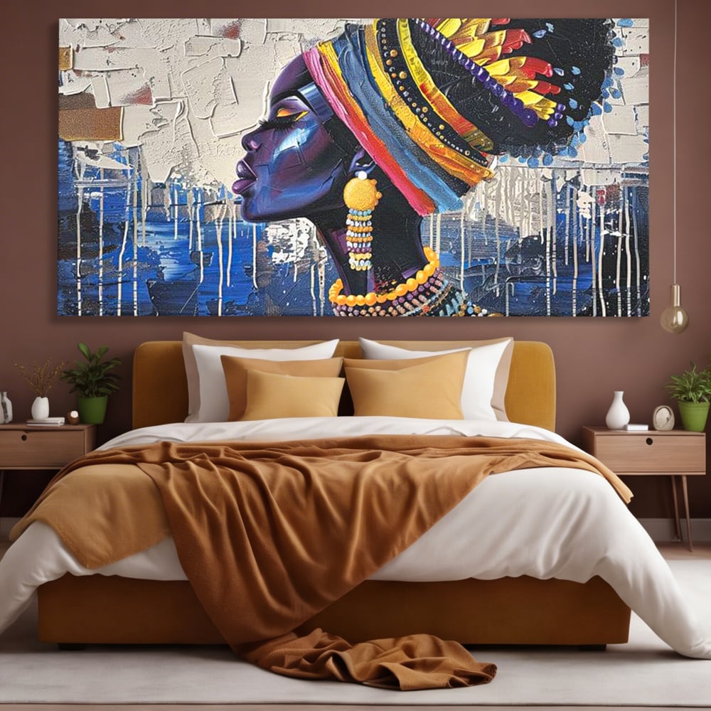 Tablou Canvas Premium, LuxCanva® G1191, Cununa Africii, Regina, Profil, Ancestral, Spirt, Pamant, Cultura, Strabuni, Turban, Colorat, Tribal, Identitate, Margele, Birou, Living, Dormitor