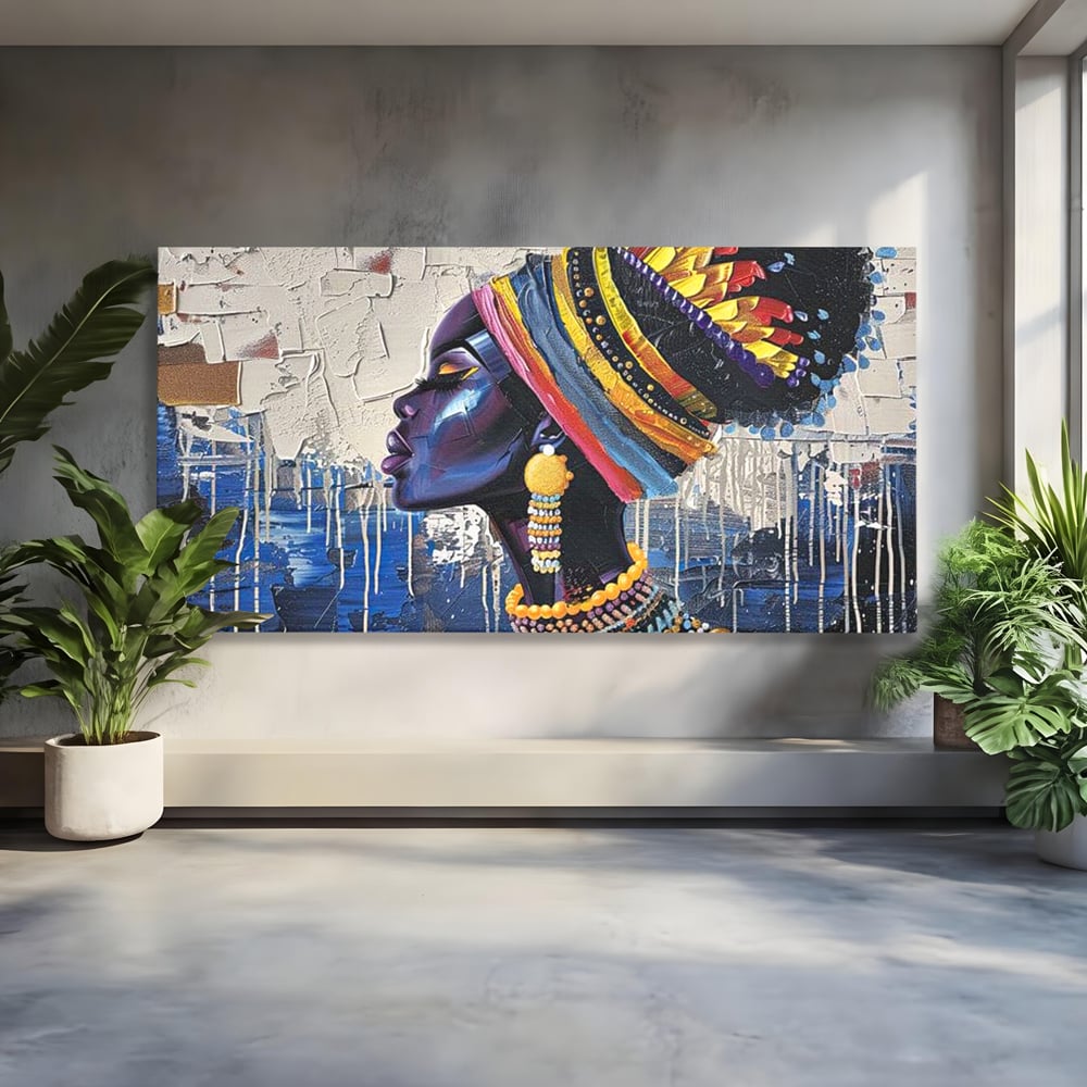 Tablou Canvas Premium, LuxCanva® G1191, Cununa Africii, Regina, Profil, Ancestral, Spirt, Pamant, Cultura, Strabuni, Turban, Colorat, Tribal, Identitate, Margele, Birou, Living, Dormitor