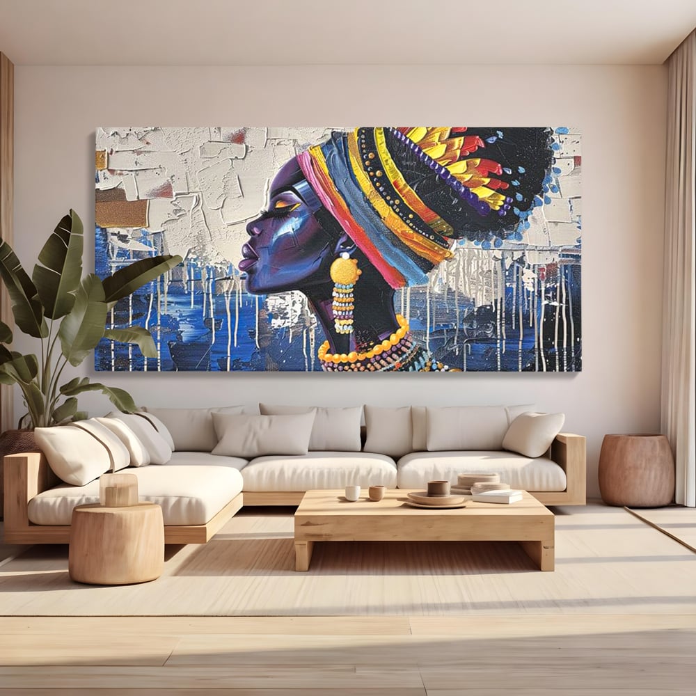 Tablou Canvas Premium, LuxCanva® G1191, Cununa Africii, Regina, Profil, Ancestral, Spirt, Pamant, Cultura, Strabuni, Turban, Colorat, Tribal, Identitate, Margele, Birou, Living, Dormitor