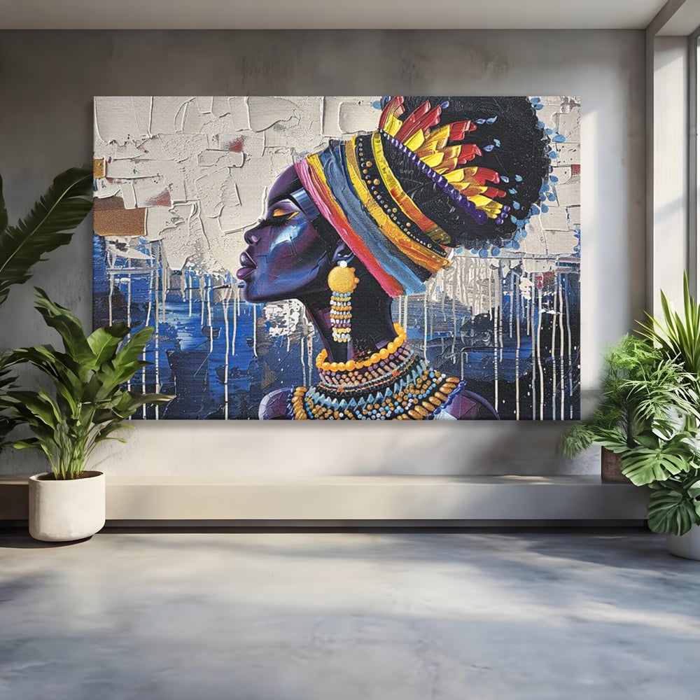 Tablou Canvas Premium, LuxCanva® G1191, Cununa Africii, Regina, Profil, Ancestral, Spirt, Pamant, Cultura, Strabuni, Turban, Colorat, Tribal, Identitate, Margele, Birou, Living, Dormitor