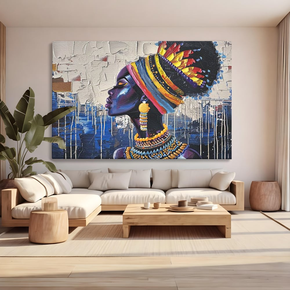 Tablou Canvas Premium, LuxCanva® G1191, Cununa Africii, Regina, Profil, Ancestral, Spirt, Pamant, Cultura, Strabuni, Turban, Colorat, Tribal, Identitate, Margele, Birou, Living, Dormitor