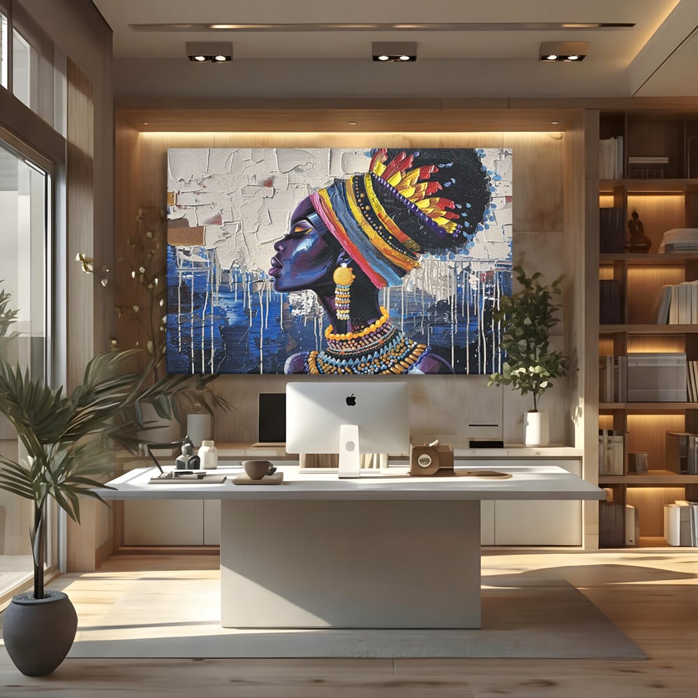 Tablou Canvas Premium, LuxCanva® G1191, Cununa Africii, Regina, Profil, Ancestral, Spirt, Pamant, Cultura, Strabuni, Turban, Colorat, Tribal, Identitate, Margele, Birou, Living, Dormitor