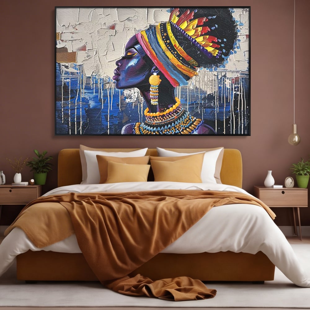 Tablou Canvas Premium, LuxCanva® G1191, Cununa Africii, Regina, Profil, Ancestral, Spirt, Pamant, Cultura, Strabuni, Turban, Colorat, Tribal, Identitate, Margele, Birou, Living, Dormitor