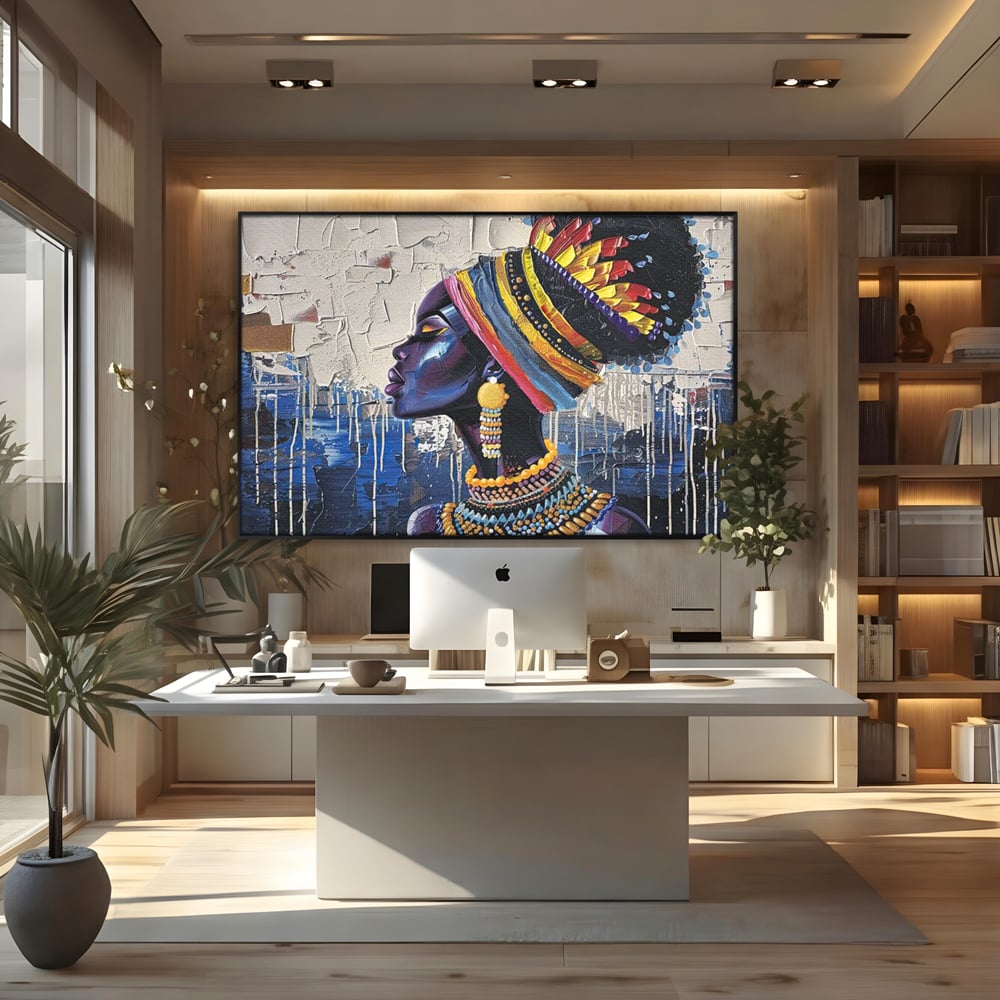 Tablou Canvas Premium, LuxCanva® G1191, Cununa Africii, Regina, Profil, Ancestral, Spirt, Pamant, Cultura, Strabuni, Turban, Colorat, Tribal, Identitate, Margele, Birou, Living, Dormitor