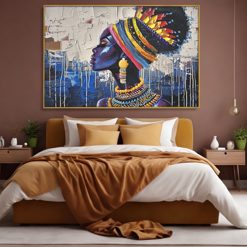 Tablou Canvas Premium, LuxCanva® G1191, Cununa Africii, Regina, Profil, Ancestral, Spirt, Pamant, Cultura, Strabuni, Turban, Colorat, Tribal, Identitate, Margele, Birou, Living, Dormitor