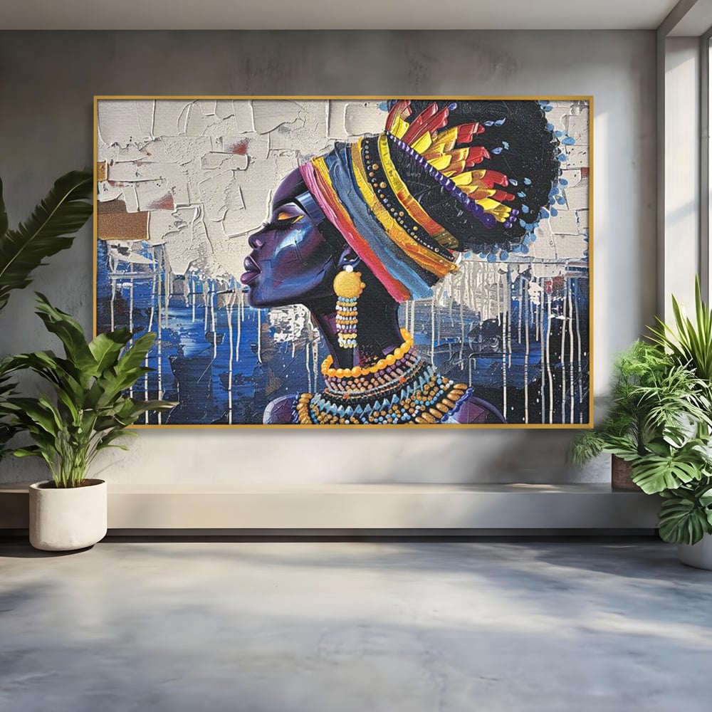 Tablou Canvas Premium, LuxCanva® G1191, Cununa Africii, Regina, Profil, Ancestral, Spirt, Pamant, Cultura, Strabuni, Turban, Colorat, Tribal, Identitate, Margele, Birou, Living, Dormitor