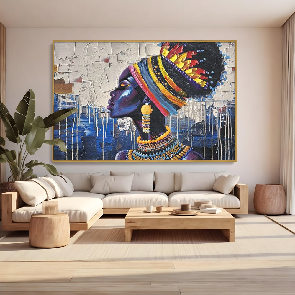 Tablou Canvas Premium, LuxCanva® G1191, Cununa Africii, Regina, Profil, Ancestral, Spirt, Pamant, Cultura, Strabuni, Turban, Colorat, Tribal, Identitate, Margele, Birou, Living, Dormitor