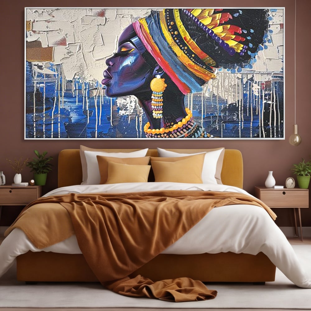 Tablou Canvas Premium, LuxCanva® G1191, Cununa Africii, Regina, Profil, Ancestral, Spirt, Pamant, Cultura, Strabuni, Turban, Colorat, Tribal, Identitate, Margele, Birou, Living, Dormitor