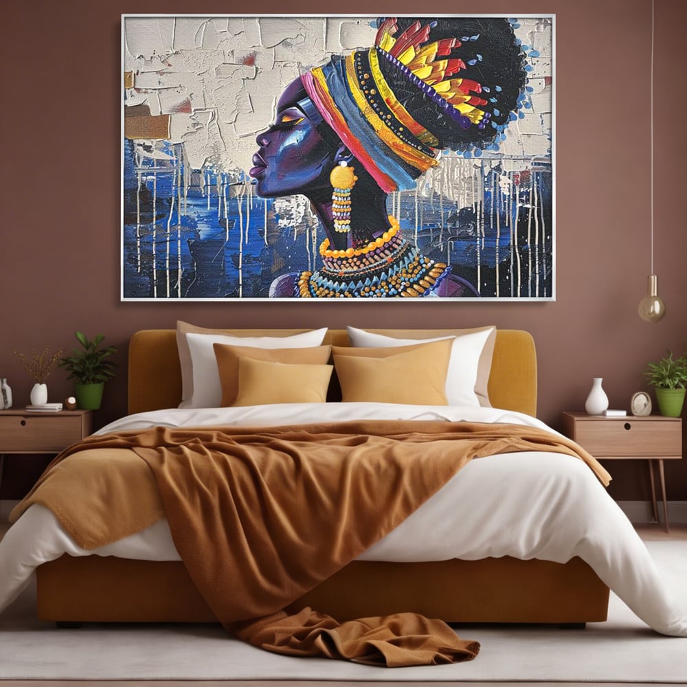 Tablou Canvas Premium, LuxCanva® G1191, Cununa Africii, Regina, Profil, Ancestral, Spirt, Pamant, Cultura, Strabuni, Turban, Colorat, Tribal, Identitate, Margele, Birou, Living, Dormitor