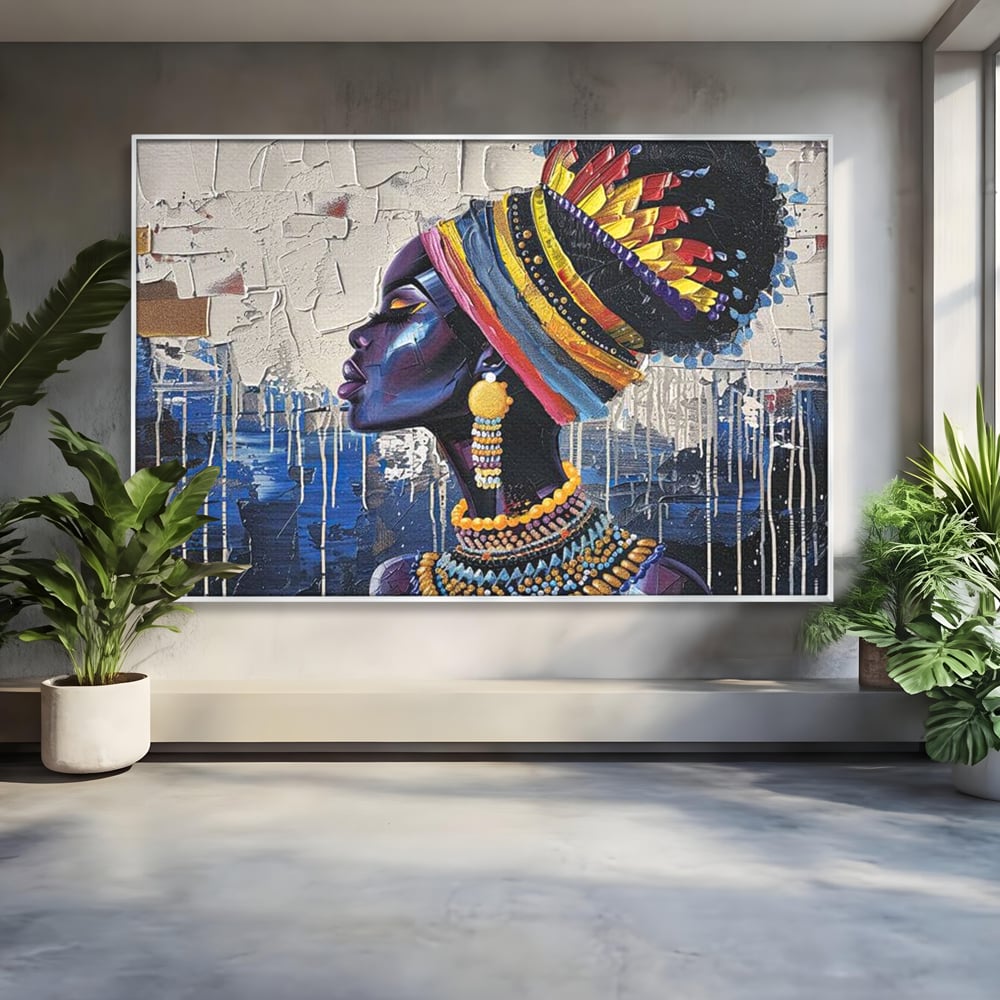 Tablou Canvas Premium, LuxCanva® G1191, Cununa Africii, Regina, Profil, Ancestral, Spirt, Pamant, Cultura, Strabuni, Turban, Colorat, Tribal, Identitate, Margele, Birou, Living, Dormitor