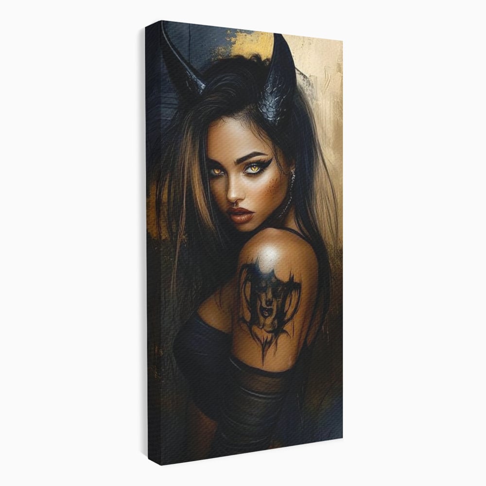 Tablou Canvas Premium, LuxCanva® G1192, Inger Intunecat,Portret, Dark, Fantasy, Coarne, Tatuaj, Aur, Negru, Rebela, Neamblanzita, Lumini, Umbre, Pericol, Birou, Living, Dormitor