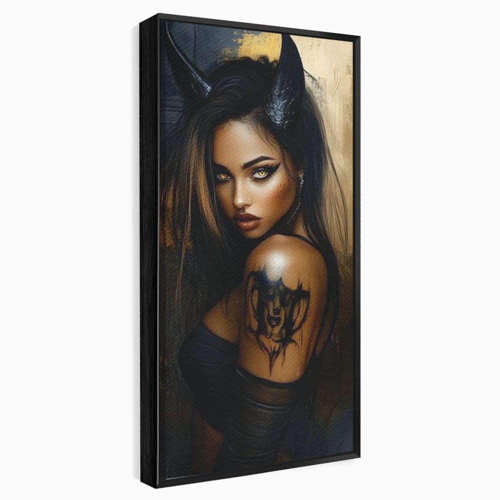 Tablou Canvas Premium, LuxCanva® G1192, Inger Intunecat,Portret, Dark, Fantasy, Coarne, Tatuaj, Aur, Negru, Rebela, Neamblanzita, Lumini, Umbre, Pericol, Birou, Living, Dormitor