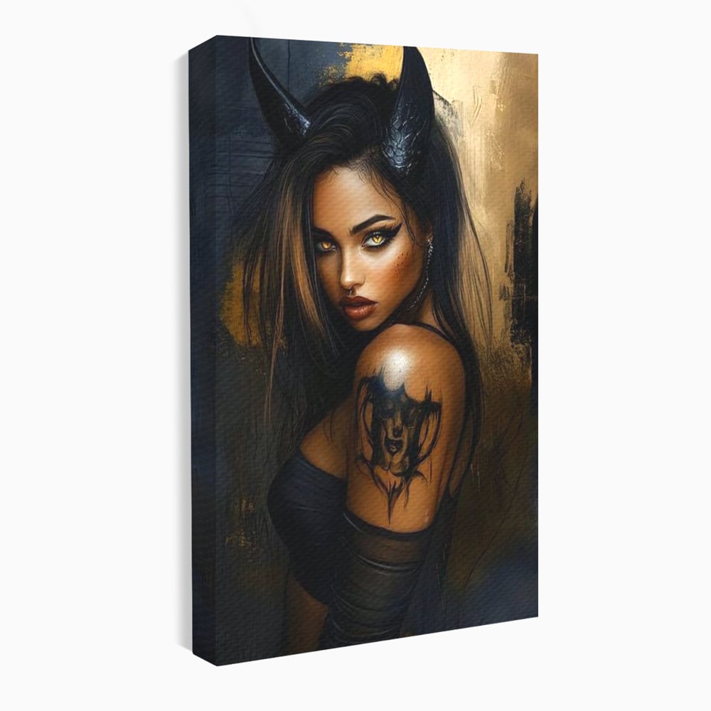 Tablou Canvas Premium, LuxCanva® G1192, Inger Intunecat,Portret, Dark, Fantasy, Coarne, Tatuaj, Aur, Negru, Rebela, Neamblanzita, Lumini, Umbre, Pericol, Birou, Living, Dormitor