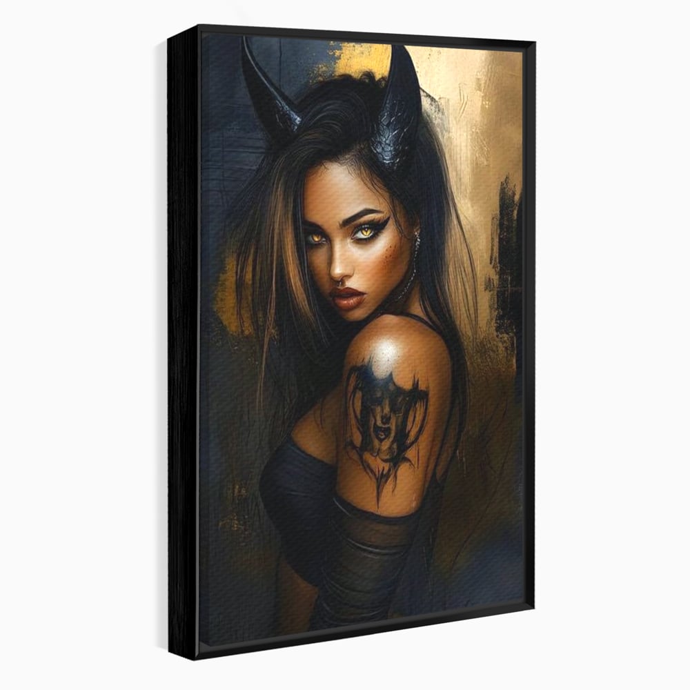 Tablou Canvas Premium, LuxCanva® G1192, Inger Intunecat,Portret, Dark, Fantasy, Coarne, Tatuaj, Aur, Negru, Rebela, Neamblanzita, Lumini, Umbre, Pericol, Birou, Living, Dormitor