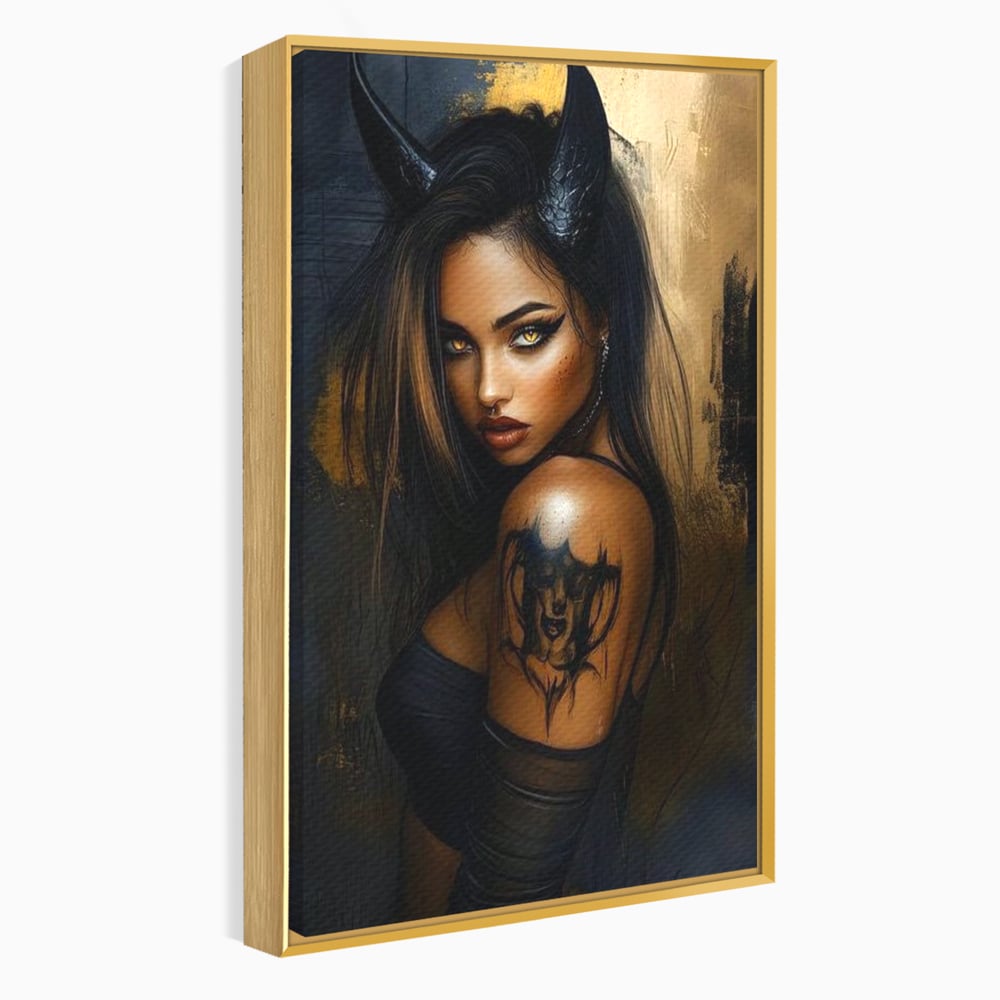 Tablou Canvas Premium, LuxCanva® G1192, Inger Intunecat,Portret, Dark, Fantasy, Coarne, Tatuaj, Aur, Negru, Rebela, Neamblanzita, Lumini, Umbre, Pericol, Birou, Living, Dormitor