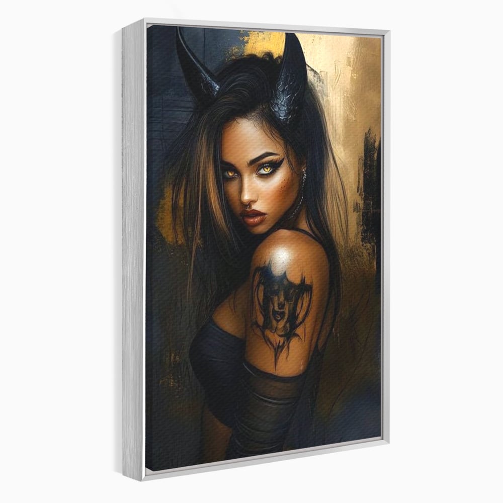 Tablou Canvas Premium, LuxCanva® G1192, Inger Intunecat,Portret, Dark, Fantasy, Coarne, Tatuaj, Aur, Negru, Rebela, Neamblanzita, Lumini, Umbre, Pericol, Birou, Living, Dormitor