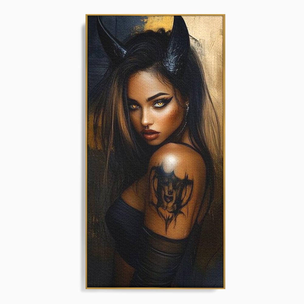 Tablou Canvas Premium, LuxCanva® G1192, Inger Intunecat,Portret, Dark, Fantasy, Coarne, Tatuaj, Aur, Negru, Rebela, Neamblanzita, Lumini, Umbre, Pericol, Birou, Living, Dormitor