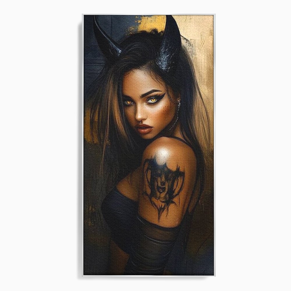 Tablou Canvas Premium, LuxCanva® G1192, Inger Intunecat,Portret, Dark, Fantasy, Coarne, Tatuaj, Aur, Negru, Rebela, Neamblanzita, Lumini, Umbre, Pericol, Birou, Living, Dormitor