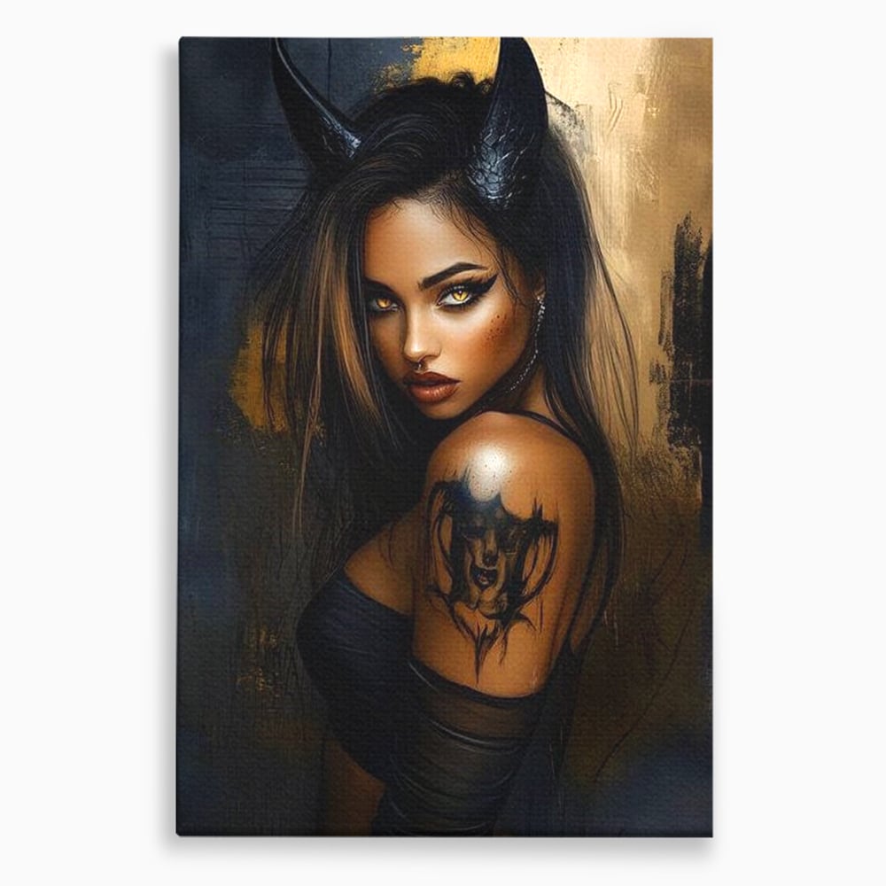 Tablou Canvas Premium, LuxCanva® G1192, Inger Intunecat,Portret, Dark, Fantasy, Coarne, Tatuaj, Aur, Negru, Rebela, Neamblanzita, Lumini, Umbre, Pericol, Birou, Living, Dormitor