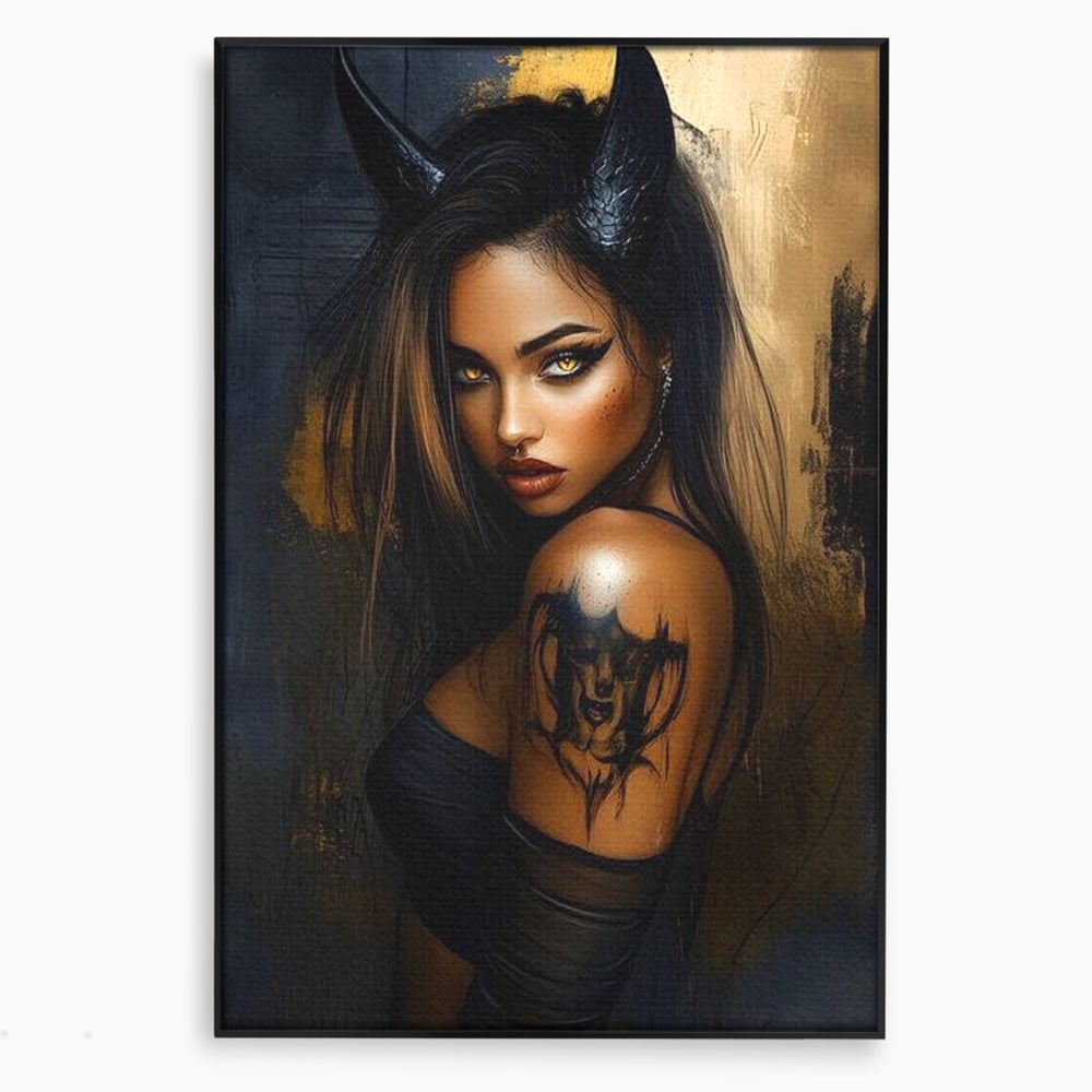 Tablou Canvas Premium, LuxCanva® G1192, Inger Intunecat,Portret, Dark, Fantasy, Coarne, Tatuaj, Aur, Negru, Rebela, Neamblanzita, Lumini, Umbre, Pericol, Birou, Living, Dormitor