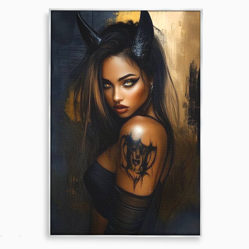 Tablou Canvas Premium, LuxCanva® G1192, Inger Intunecat,Portret, Dark, Fantasy, Coarne, Tatuaj, Aur, Negru, Rebela, Neamblanzita, Lumini, Umbre, Pericol, Birou, Living, Dormitor