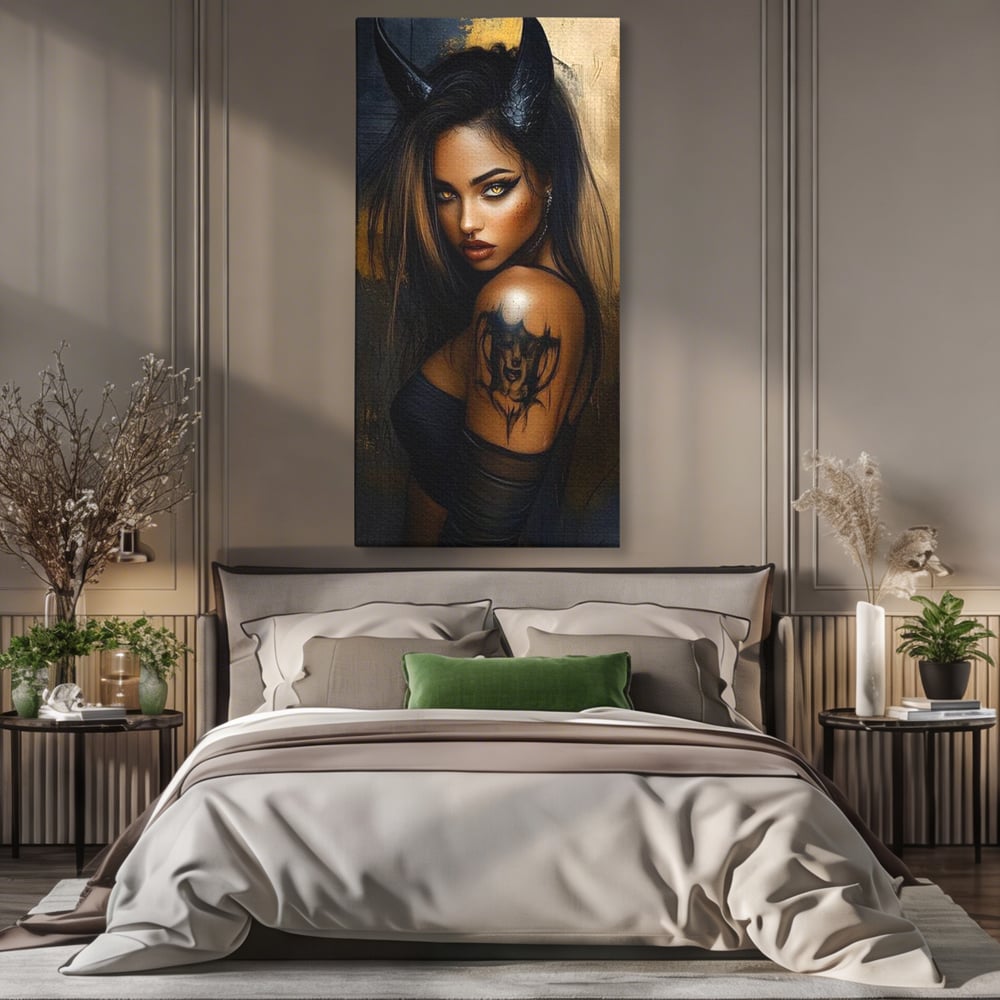 Tablou Canvas Premium, LuxCanva® G1192, Inger Intunecat,Portret, Dark, Fantasy, Coarne, Tatuaj, Aur, Negru, Rebela, Neamblanzita, Lumini, Umbre, Pericol, Birou, Living, Dormitor