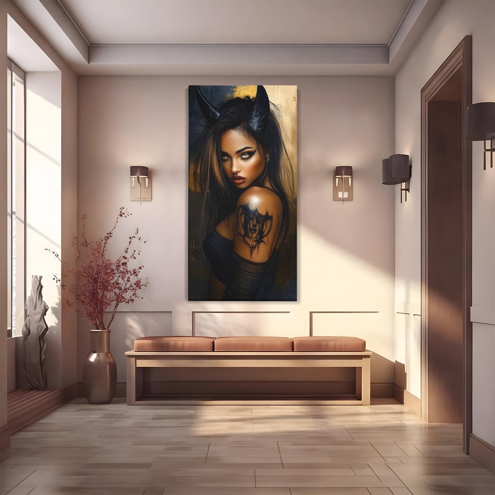 Tablou Canvas Premium, LuxCanva® G1192, Inger Intunecat,Portret, Dark, Fantasy, Coarne, Tatuaj, Aur, Negru, Rebela, Neamblanzita, Lumini, Umbre, Pericol, Birou, Living, Dormitor