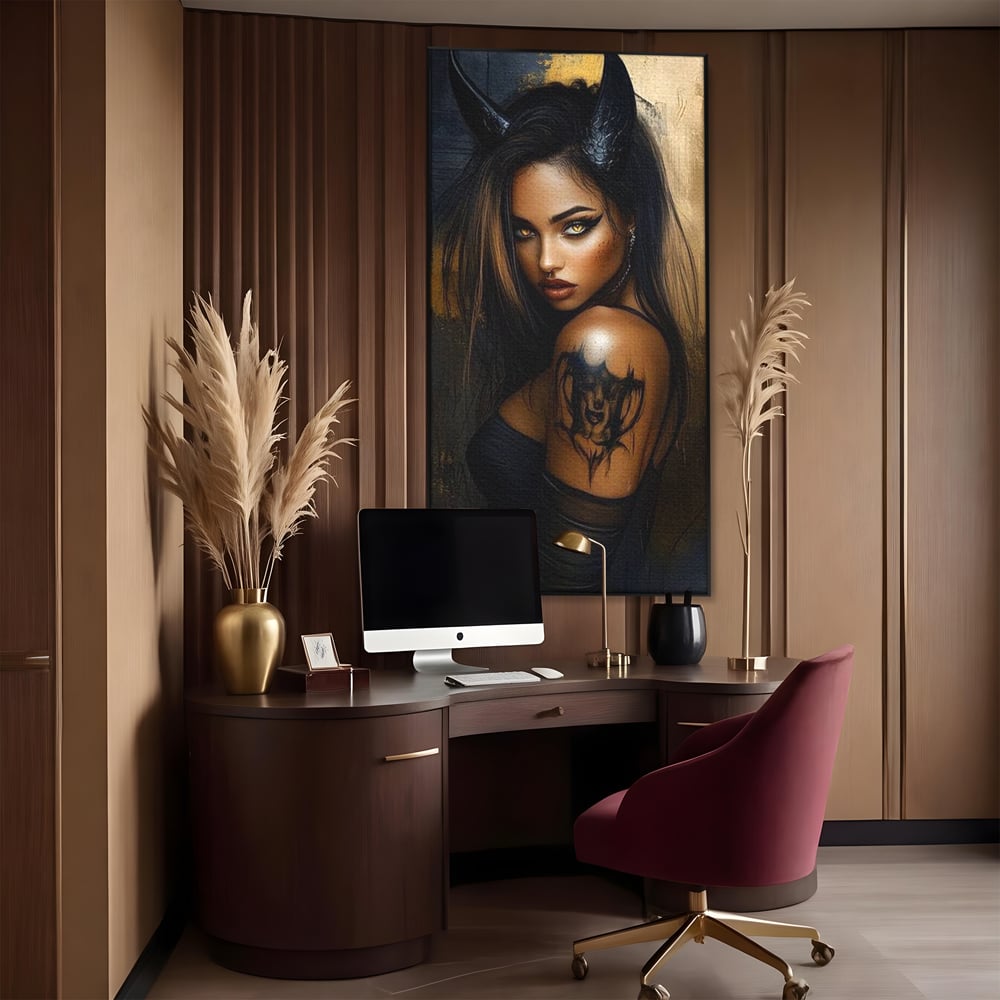Tablou Canvas Premium, LuxCanva® G1192, Inger Intunecat,Portret, Dark, Fantasy, Coarne, Tatuaj, Aur, Negru, Rebela, Neamblanzita, Lumini, Umbre, Pericol, Birou, Living, Dormitor