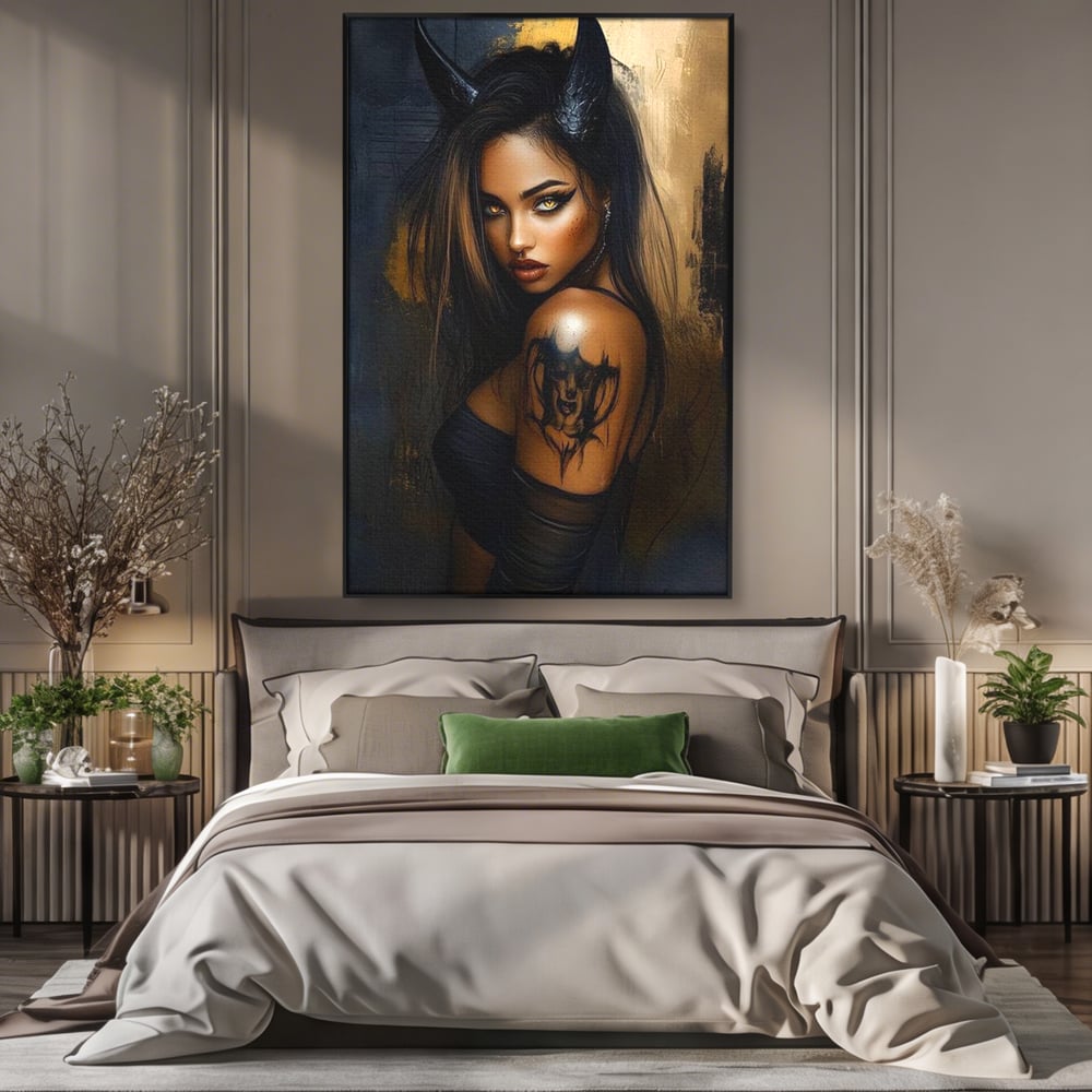 Tablou Canvas Premium, LuxCanva® G1192, Inger Intunecat,Portret, Dark, Fantasy, Coarne, Tatuaj, Aur, Negru, Rebela, Neamblanzita, Lumini, Umbre, Pericol, Birou, Living, Dormitor