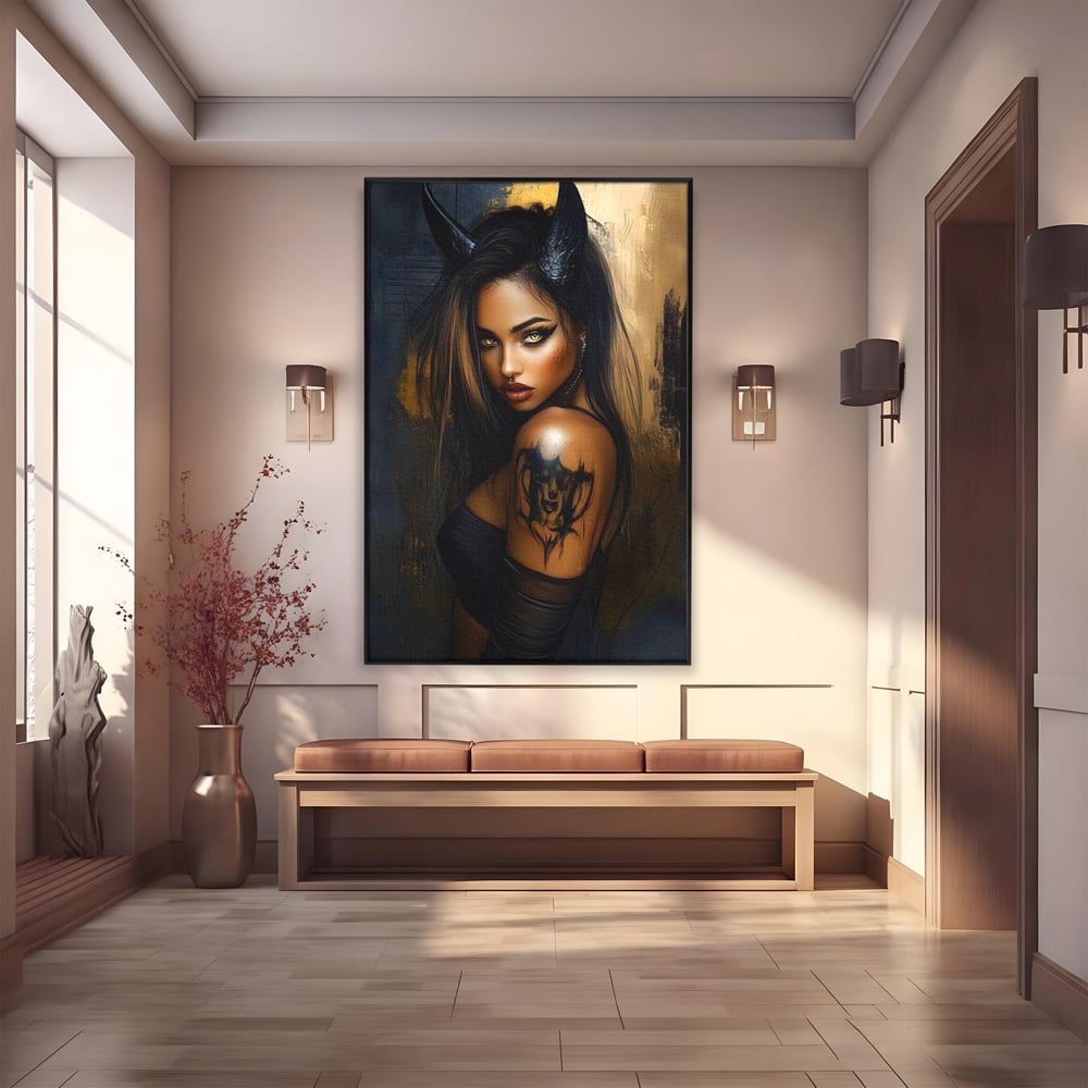 Tablou Canvas Premium, LuxCanva® G1192, Inger Intunecat,Portret, Dark, Fantasy, Coarne, Tatuaj, Aur, Negru, Rebela, Neamblanzita, Lumini, Umbre, Pericol, Birou, Living, Dormitor
