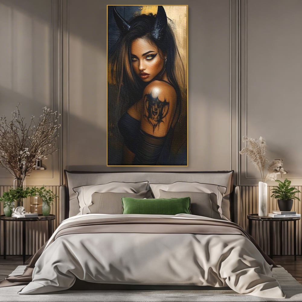 Tablou Canvas Premium, LuxCanva® G1192, Inger Intunecat,Portret, Dark, Fantasy, Coarne, Tatuaj, Aur, Negru, Rebela, Neamblanzita, Lumini, Umbre, Pericol, Birou, Living, Dormitor