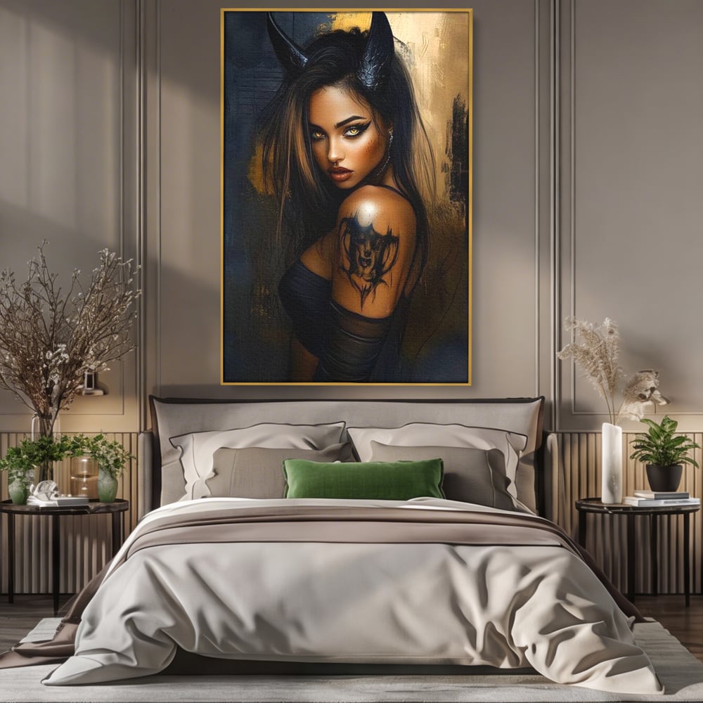 Tablou Canvas Premium, LuxCanva® G1192, Inger Intunecat,Portret, Dark, Fantasy, Coarne, Tatuaj, Aur, Negru, Rebela, Neamblanzita, Lumini, Umbre, Pericol, Birou, Living, Dormitor