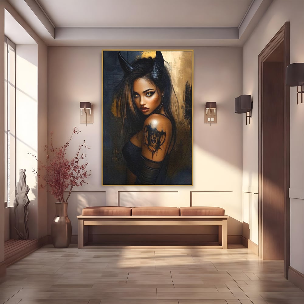 Tablou Canvas Premium, LuxCanva® G1192, Inger Intunecat,Portret, Dark, Fantasy, Coarne, Tatuaj, Aur, Negru, Rebela, Neamblanzita, Lumini, Umbre, Pericol, Birou, Living, Dormitor