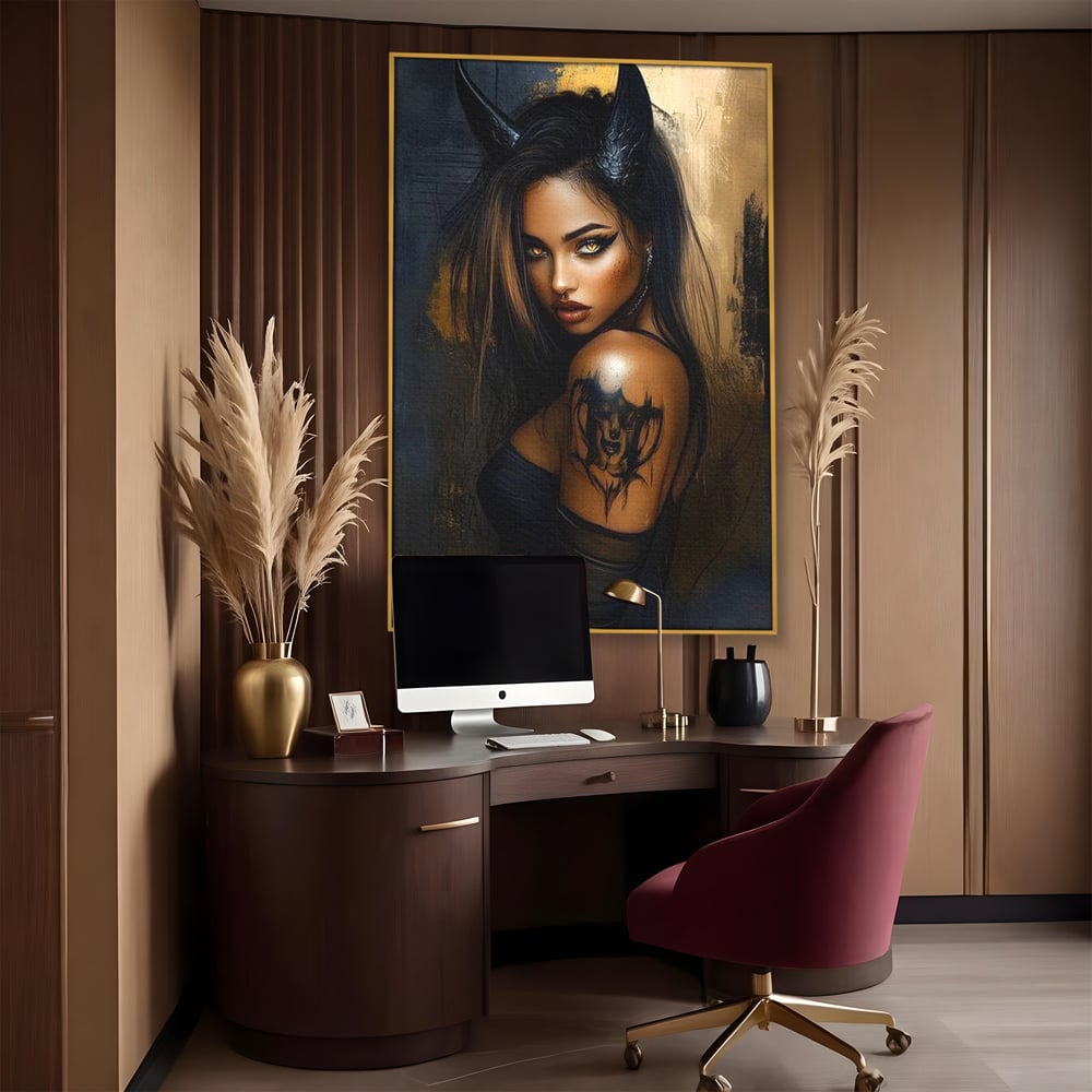 Tablou Canvas Premium, LuxCanva® G1192, Inger Intunecat,Portret, Dark, Fantasy, Coarne, Tatuaj, Aur, Negru, Rebela, Neamblanzita, Lumini, Umbre, Pericol, Birou, Living, Dormitor