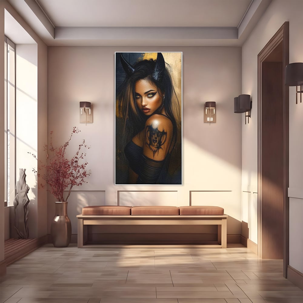 Tablou Canvas Premium, LuxCanva® G1192, Inger Intunecat,Portret, Dark, Fantasy, Coarne, Tatuaj, Aur, Negru, Rebela, Neamblanzita, Lumini, Umbre, Pericol, Birou, Living, Dormitor